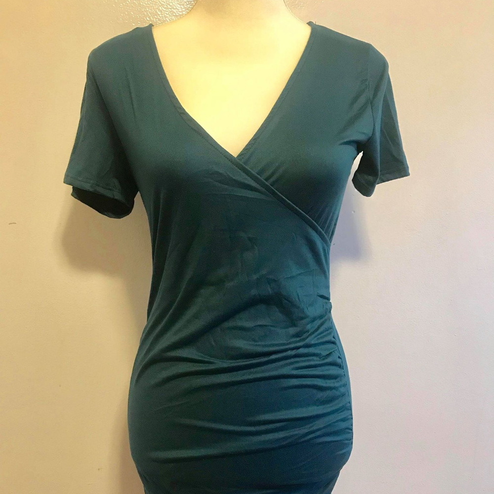 Dark Green Ruched Surplice Mini Dress Medium Short
